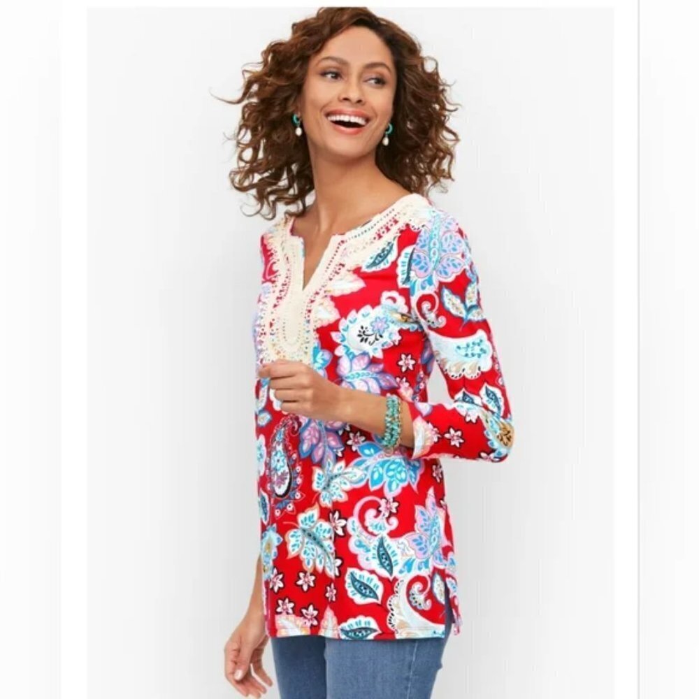 Talbots Floral Tropical Red Pima Cotton‎ Lace Neck 3/4 Sleeve Shirt XLP
